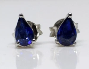 925 Sterling Silver Natural A++ Blue Sapphire Pear 4x6 MM Gemstone Stud Earrings - Picture 1 of 7