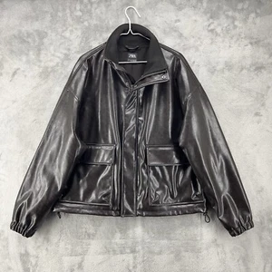 Zara Jacket Mens Large Brown Faux Leather Bomber Pockets Full Zip Snap Cinch - Picture 1 of 17