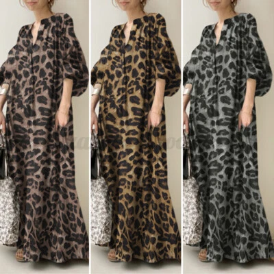 Womens Summer Puff Sleeve Leopard Printed Sundress Evening Party Long Maxi Dress - Image 1 of 4