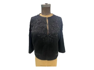 Vintage 1950s Black Beaded Cardigan Sweater W/ Satin Trim - Med - Large - Picture 1 of 8