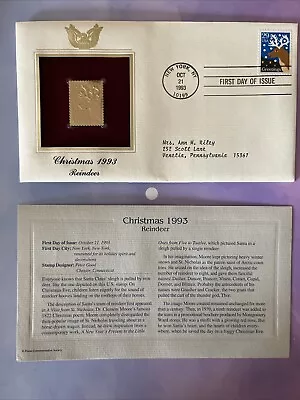 1993 REINDEER Christmas First Day Issue W/ 22K Gold Stamp Replica By Peter Good - Image 1 of 4