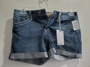 Earl Jean Womens Blue Jean Denim Shorts Sz 2 Dark Wash Cuffed Embroidered Pocket - Picture 1 of 5