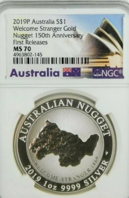 2019P Australia $1 Welcome Stranger Gold Nugget Silver.NGC MS70 First Releases  - Image 1 of 2