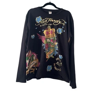 Y2K Ed Hardy by Christian Audigier XL Long Sleeve Shirt Tattoo Skull Dragon - Picture 1 of 5