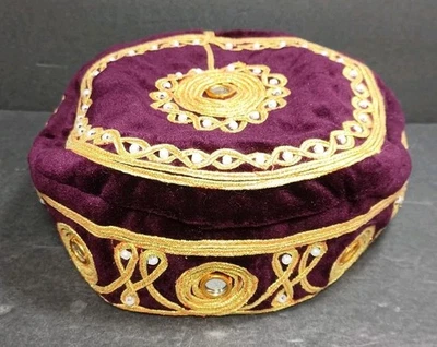 Vintage Velvet Embroidered Turkish Islamic Hat Kufi Gold Thread Mirror Bead - Image 1 of 4