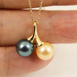 Blue & Golden Genuine Akoya Pearl Pendant Necklace, 925 Sterling Silver #SP1924 - Picture 1 of 5