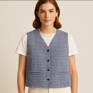 Eddie Bauer 100% Linen Women's Vest Blue White Gingham Check Button Up Medium - Picture 1 of 6