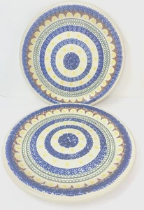 Boleslawiec Polish Pottery 11" Circle Blue Red Yellow H3 Y2 DINNER PLATES SET 2! - Picture 1 of 10