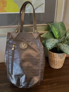 VTG MARIO Valentino Brown Tote PVC BUCKET Bag ITALY Authentic PURSE V LOGO - Picture 1 of 10