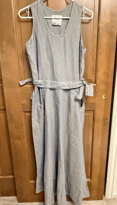 FLAX by Jeanne Engelbart 100% linen maxi dress size S blue/gold side ties pocket - Image 1 of 4