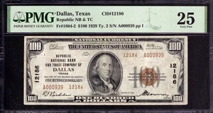 1929 TYPE 2 $100 REPUBLIC NATIONAL BANK NOTE CURRENCY DALLAS TEXAS PMG VF 25 - Picture 1 of 4