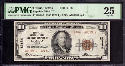 1929 TYPE 2 $100 REPUBLIC NATIONAL BANK NOTE CURRENCY DALLAS TEXAS PMG VF 25 - Image 1 of 4