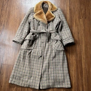 Vintage 60s 70s Trench Coat Brown Tweed Long Faux Fur Wool Lined FLAWS READ - Picture 1 of 10