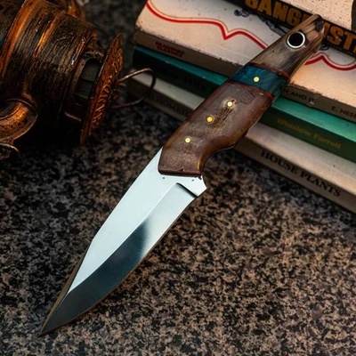 Готовый к подарку нож из дамасской стали 8,7 дюйма с накладным монтажом для охоты + кожаные ножны - Изображение 1 из 4