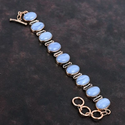 Oferta de Dia das Irmãs Oval Natural Renda Azul Ágata Moldura de Cobre Pulseira Boho Joia - Imagem 1 de 4