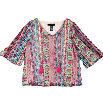 Ali Miles Embroidered Top Womens Small Petite Colorful Rainbow Travel Resortwear - Image 1 of 4