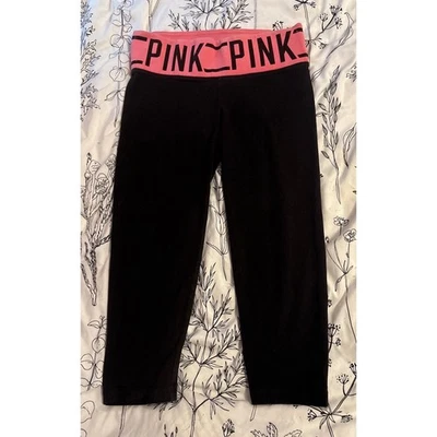 Victoria's Secret ROSA Rosa Caliente Bling y2k Plegable Recortado Negro Leggings, XS Foto 1 de 4