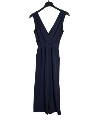 Mono Monteau para mujer azul marino pierna ancha aberturas laterales cintura elástica cuello en V elástico S Foto 1 de 4