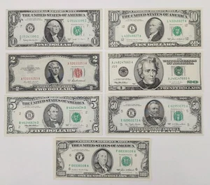 7 TOTAL OLD US CURRENCY BILLS $1 $2 $5 $10 $20 $50 & $100 DOLLAR FRN 1953 1963 - Picture 1 of 9