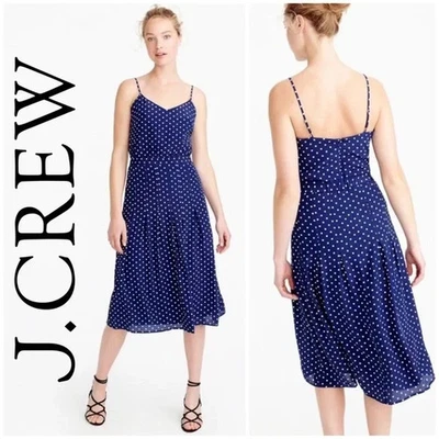 J. Vestido midi Crew azul marino a lunares blusa plisada caída seda talla 4 Foto 1 de 4