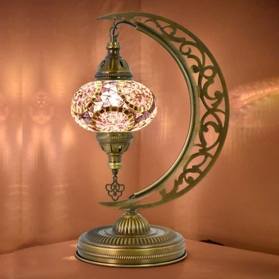 Purple Crescent Moon Mosaic Lamp 47cm – Handmade Turkish Moon Table Light with - Image 1 of 4