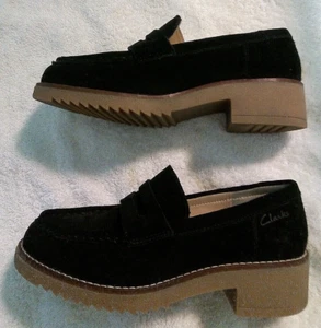 Clarks Loafers Women's Black Suede Chunky Block Heel 7M Eden - Picture 1 of 8