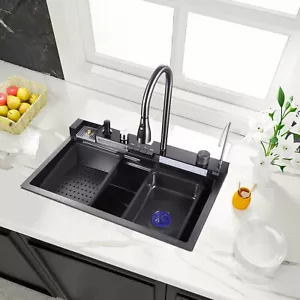 27.5" Flying Rain Stainless Steel Waterfall Kitchen Sink with Faucet Single Bowl - Picture 1 of 9