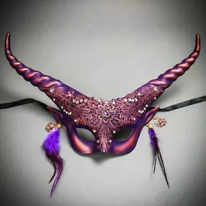 Mythical Purple Krampus Long Horns Halloween Venetian Women Masquerade Eye Mask - Picture 1 of 7