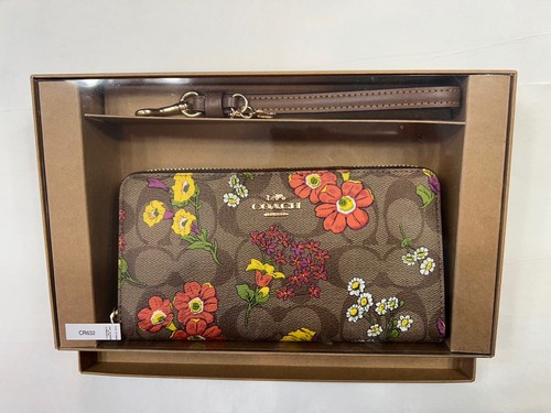 Coach CR632 Portafoglio lungo in scatola cerniera rotonda firma floreale IM cachi multi $298