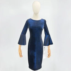 NWT Calvin Klein Blue Metallic Black Velvet Midi Pencil Dress with Bell Sleeves - Picture 1 of 8