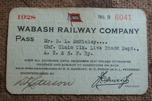 1928 WABASH Railway Company Railroad Jahreszug Pass Nr. B 6041 - Bild 1 von 2