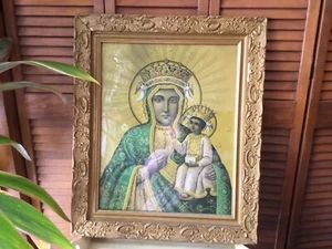 OUR LADY OF CZESTOCHOVIA "BLACK MADONNA" 25" X 21" GESSO FRAME POLISH CATHOLIC - Picture 1 of 11