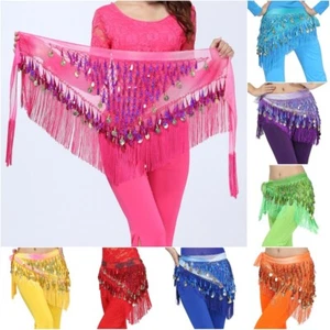 Women Belly Dance Sequin Tribal Tassel Hip Scarf Bellydance Triangle Hip Scarf - Picture 1 of 30
