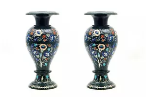 14 Inch Set of 2 Black Marble Flower Vases with Pietra Dura Inlaid Design ... - Picture 1 of 7