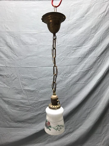 Vintage Old Brass Hanging Ceiling Light Fixture Painted Glass Shade 1693-22B Cover
