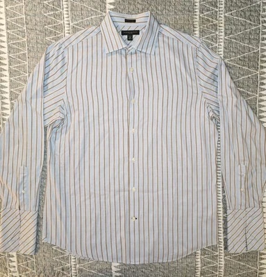 Banana Republic Mens Fitted 15-15.5 M Blue - Brown Striped Button Up Dress Shirt - Image 1 of 4