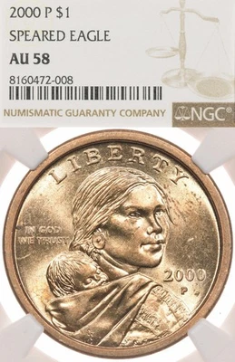 2000-P SAC$1 NGC AU58 Wounded Eagle FS-901 Sacagawea Dollar Speared Variety - Image 1 of 4