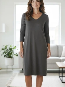 Eileen Fisher 3/4 Sleeve Viscose Jersey V Neck Shift Stretch Dress Ash Sz XL NWT - Picture 1 of 9