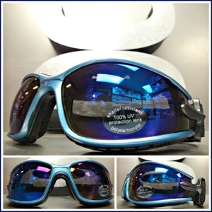 Mens Biker MOTORCYCLE RIDING Padded GOGGLES Safety Eyewear Blue Frame with Strap - Picture 1 of 9
