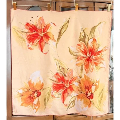 Vintage Echo Silk Scarf Tiger Lily Florals Peach Pink Gold Hand Rolled Edges - Image 1 of 4