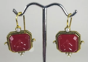 Vintage Art Deco Style Square Red Beveled Intaglio Earrings Seed Pearl Accents - Picture 1 of 11