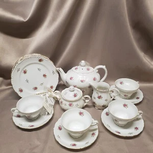 Vintage Porcelain Tea Set with Cake Plates Roses with Gold Pattern 15 Pieces - Picture 1 of 20