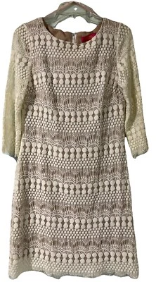 Catherine Malandrino 尺寸 10 米色和象牙色蕾丝 A 字裙 3/4 袖 — 第 1/4 张图片