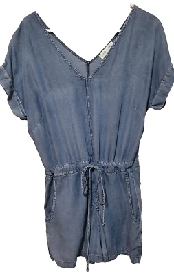 She + Sky Mameluco Mujer Pequeño Azul Cambray Ajustable Cordón Cintura Cuello en V Foto 1 de 3