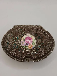Caja de baratijas vintage chapada en plata con acentos esmaltados azul azulado - Imagen 1 de 7