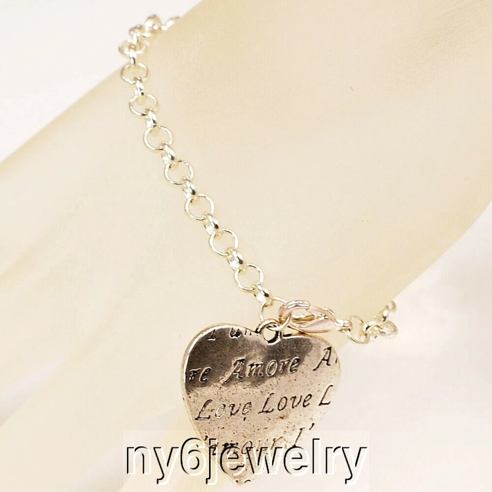 Precioso y sencillo Brazalete Corazón "Amor" Tono Plata Dije 7"-9" ENVÍO GRATUITO Foto 1 de 1