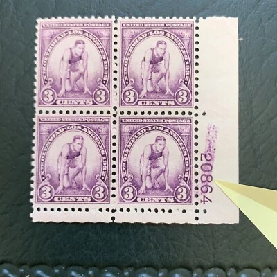 52903 US Stamp #718 3c Smear Ink Plate Block 4 Error MNHOG Shiny Gum Nice EFO Co - Image 1 of 3