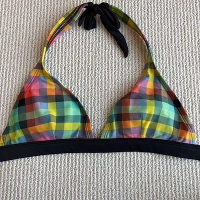 Patagonia Women M Pink Green Plaid Bikini Top Triangle Halter Tie Padded - Image 1 of 4