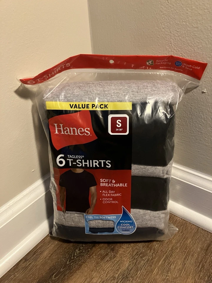 Hanes 5-Pack Men's ComfortSoft Tagless T-Shirt Gray Black Size Small 34-36