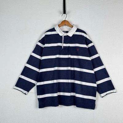 Polo Ralph Lauren Rugby Shirt 4XLB Blue White Quilted Elbow Patch *No Cuffs - Image 1 of 4